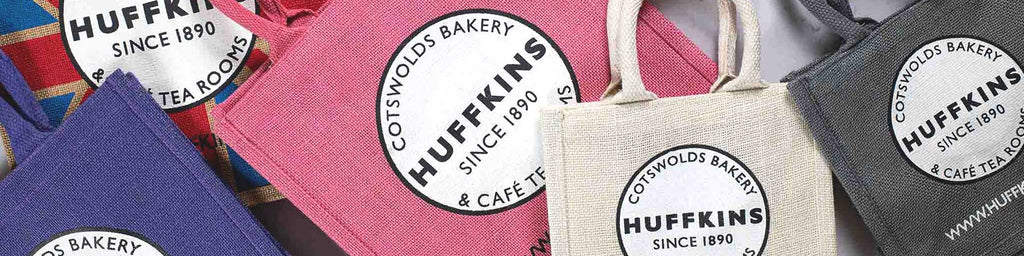 Huffkins bags - environmentally friendly eco jute bags with Huffkins logo
