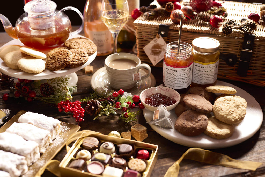 Huffkins Christmas treats - cakes, chocolates, buscuits & preserves with tea