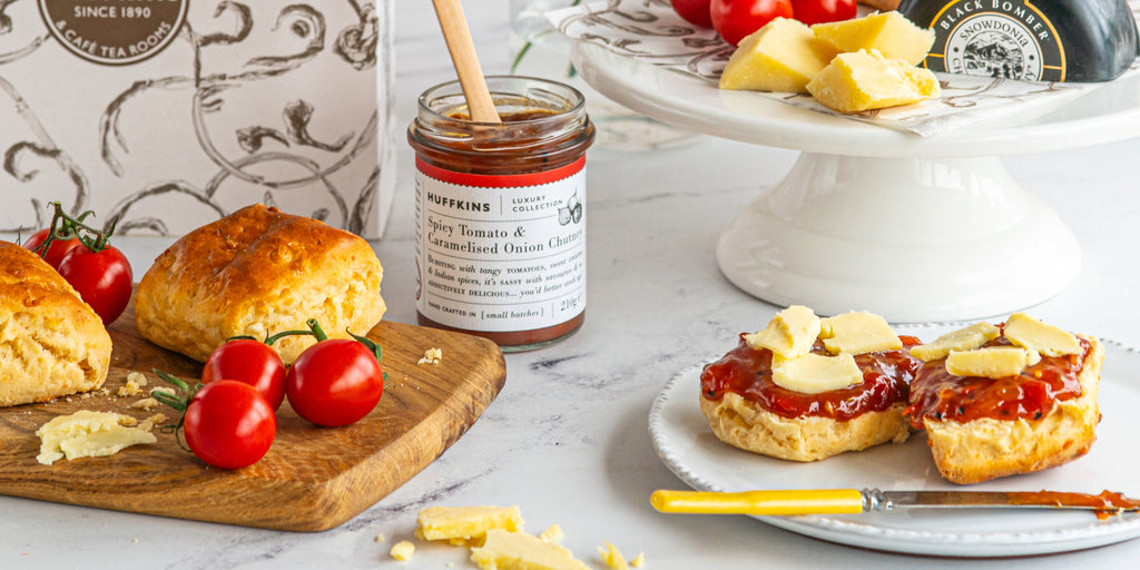Savoury cream tea - classic cheese scones smothered with spicy tomato chutney and Black Bomber cheese 