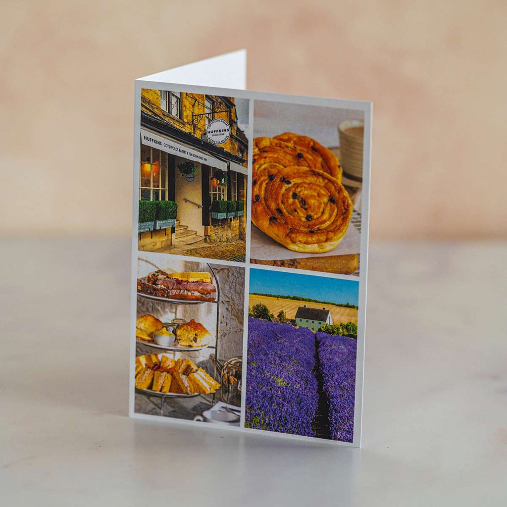 A5 greetings card with four images - Huffkins Bakery & Tea Rooms entrance in Burford, Lardy Cakes, Afternoon Tea on a 3 tier stand, and the Cotswolds countryside with lavender fields