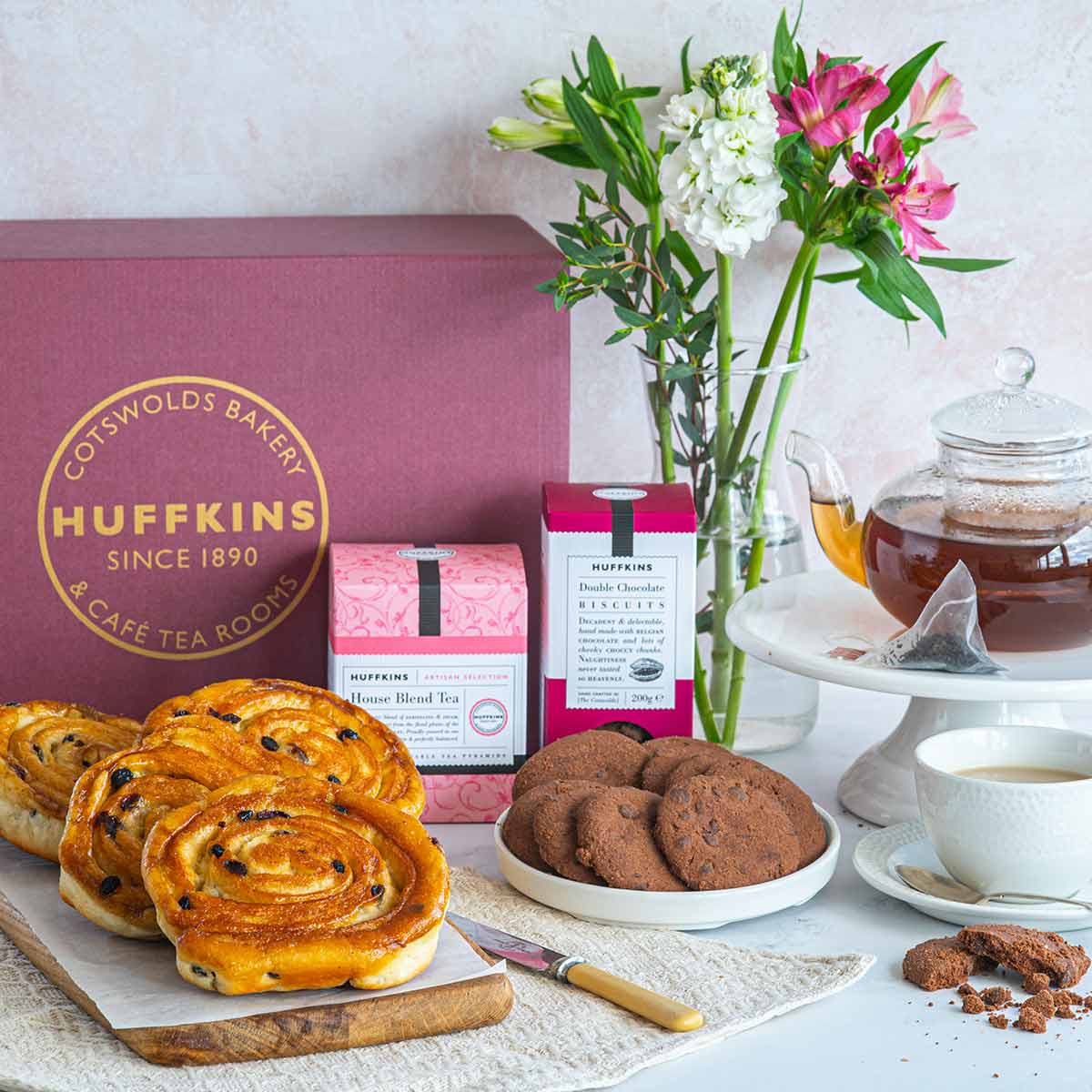 Lardy Cakes, Chocolate Biscuits & Tea in a Purple Gift Hamper Box