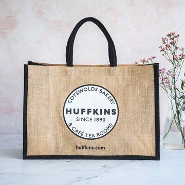 Extra Large Natural Eco Jute Shopping Bag with Huffkins Logo and Black Trim & Handles