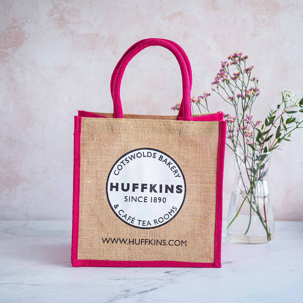 Natural Eco Jute Shopping Bag with Huffkins Logo with Pink Trim & Handles