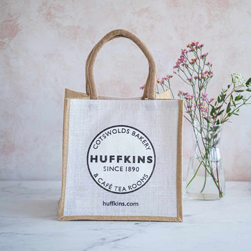White Eco Jute Shopping Bag with Huffkins Logo and Natural Trim & Handles