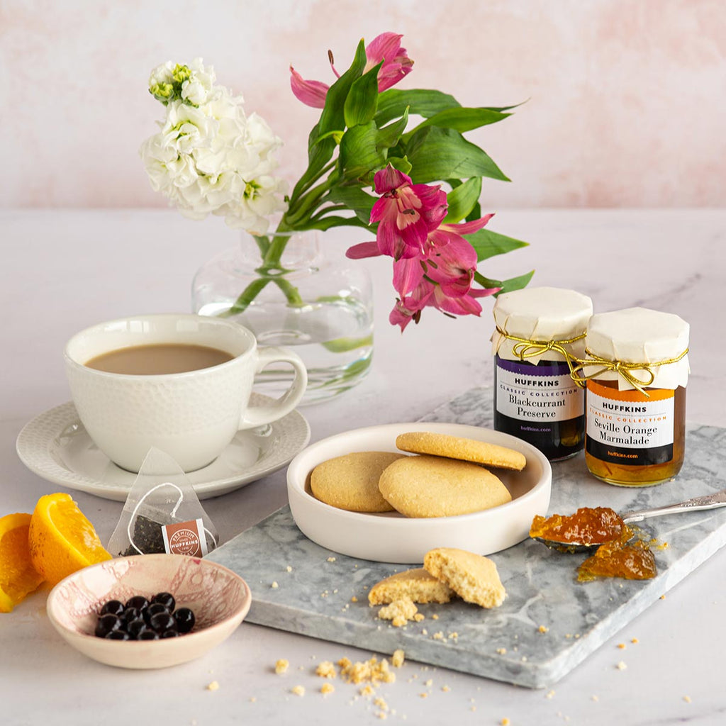 Huffkins preserves, shortbread biscuits & cup of tea