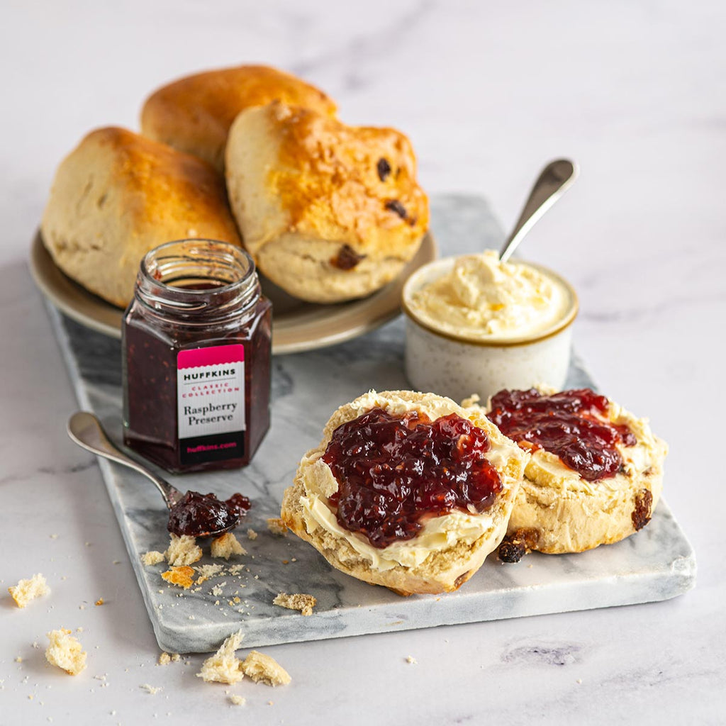 Fruit scone with raspberry preserve and clotted cream